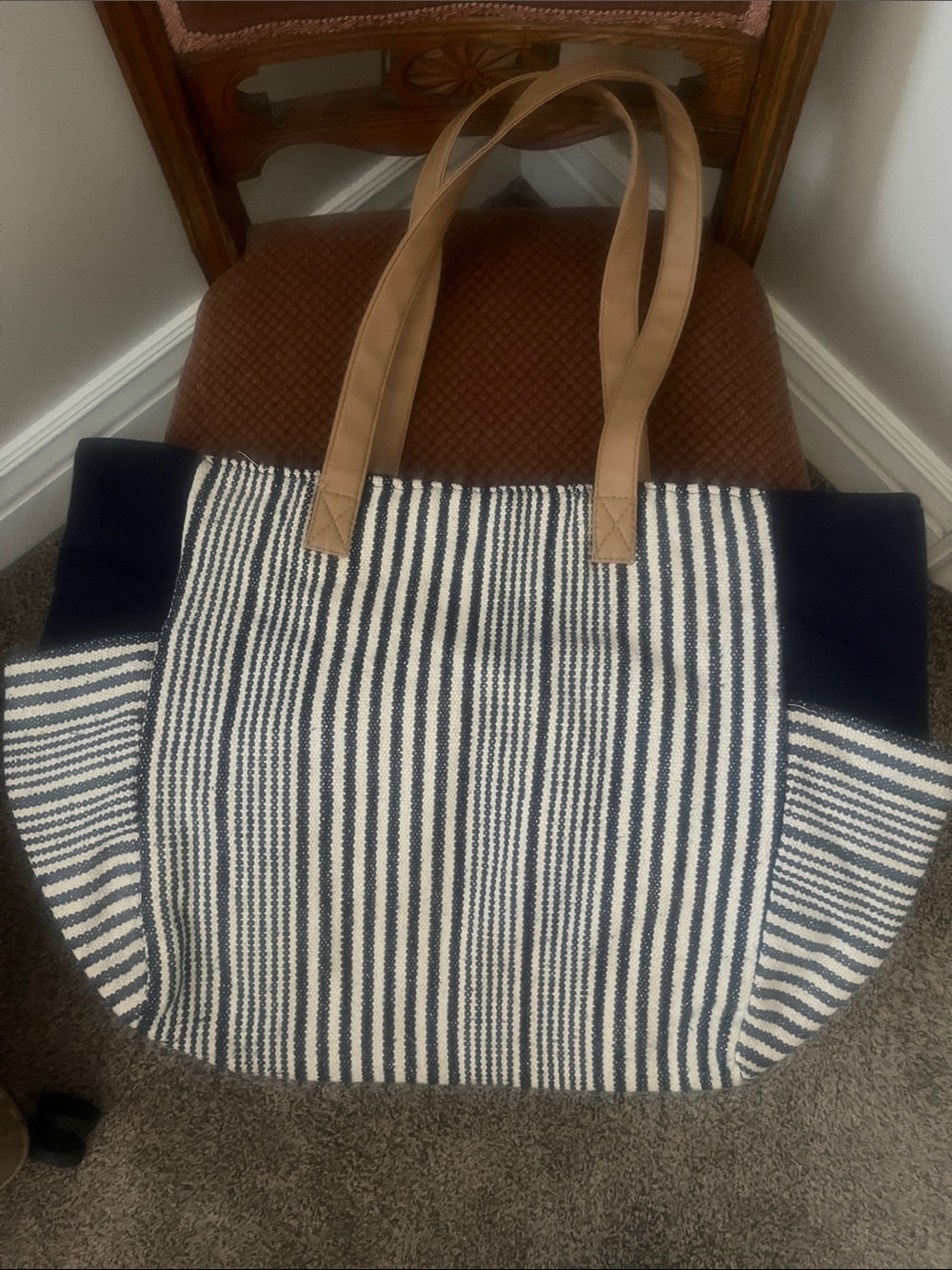 Navy and White Striped Tote with Tan Handles